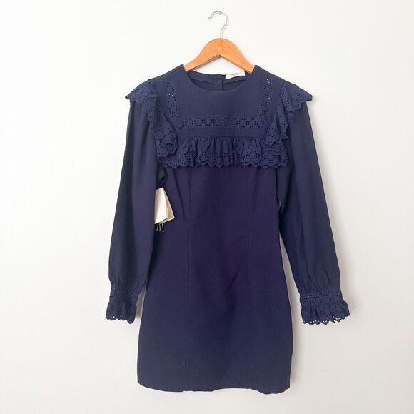 Doen Minore Dress Navy Size S Eyelet Collared Long Sleeve Organic Cotton Cottage - Picture 2 of 13